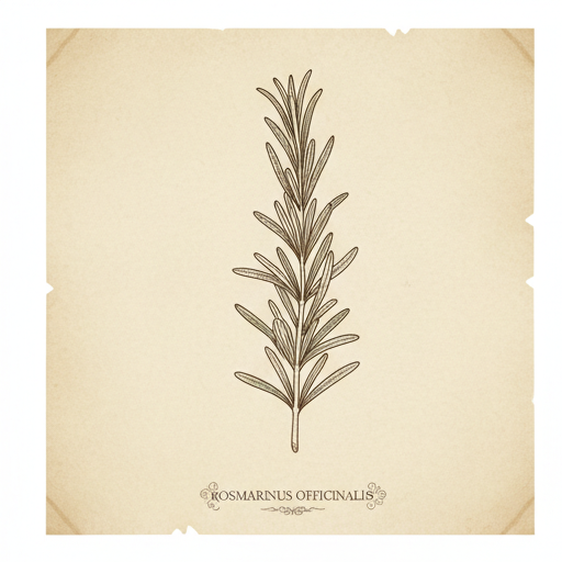 A herbarium sheet of rosemary, drawn in vintage scientific-illustration style.