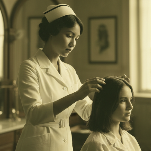 A mentor stylist photographed in warm sepia tones inside an academy studio.